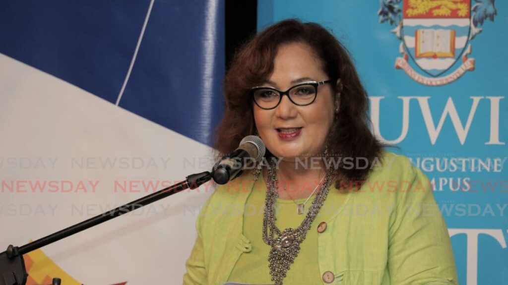 Professor Rose-Marie Belle Antoine, pro vice-chancellor and campus principal, The UWI St. Augustine Campus addresses the audience at The UWI/Guardian Group Premium Teaching Awards Ceremony 2022. - 