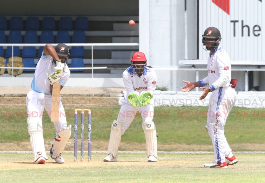 In this February 26 file photo, Queen’s Park Cricket Club batsman Jyd Goolie, plays a defensive shot on day 2 of their match against defending champions PowerGen Penal Sports Club, at the Queen’s Park Oval, St Clair. - Angelo Marcelle