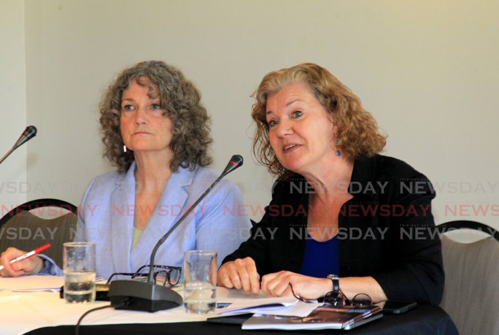 At right, Children’s Rights Advocacy director, Human Rights Watch, Jo Becker, speaks during the Human Rights Watch press conference on TT nationals living in refugee camps in Northern Syria at the Kapok Hotel, St Clair, on Tuesday as HRW associate director, Terrorism/Counterterrorism Crisis and Conflict Division, Letta Tayler looks on.  Photo by Ayanna Kinsale
