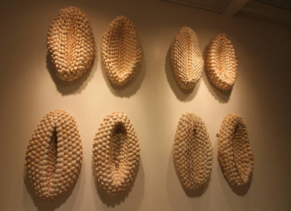 Prana, The Breath and the pods are made of different types of seashells placed in flowing patterns in and around papier-macheeforms. - Angelo Marcelle