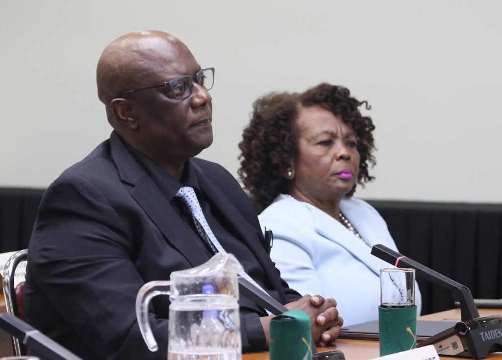 Chairman of Community- Based Environmental Protection and Enhancement Programme (CEPEP) Marilyn Michael on right and Deputy Chairman,Mr. Derek Ambrose at the Public Accounts (Enterprises Committee) on Wednesday. PHOTO COUTESY PARLIAMENT - 
