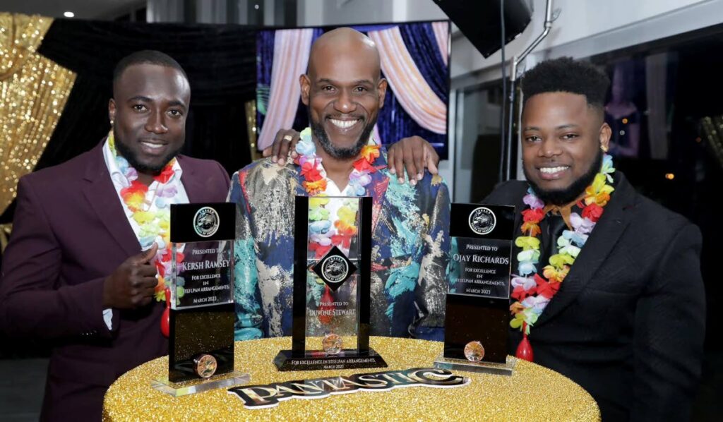 CHAMPIONS: Ace arrangers (from left) Kersh Ramsey, Duvone Stewart and Ojay Richards were honoured at a THA function on Thursday at Shaw Park Cultural Complex.  - THA