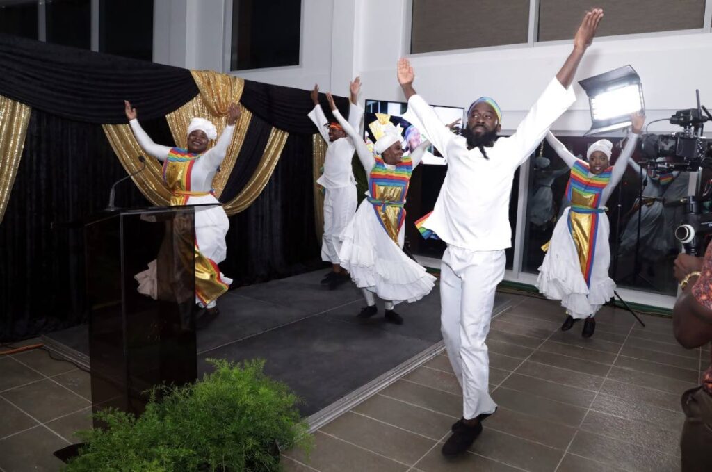 Members  the Tobago Performing Arts Company deliver a prayer through dance at the awards ceremony, Shaw Park Cultural Complex, in Tobago on March 2. - Photo courtesy THA