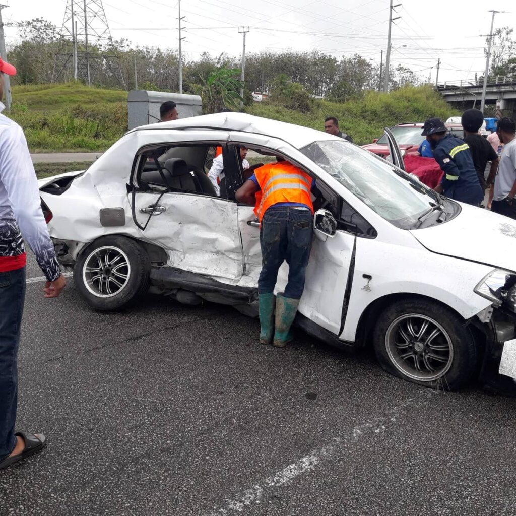 The white Nissan Tiida car which was involved in the accident. 
PHOTO COURTESY THE HUNTERS SEARCH AND RESCUE TEAM - 