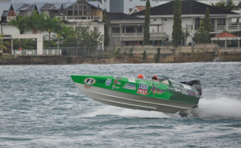 Extreme Measures in full flight at the TT Powerboat Association’s first regatta for 2023 at the TT Yacht Club, Glencoe on Sunday. Photo by Ronald Daniel