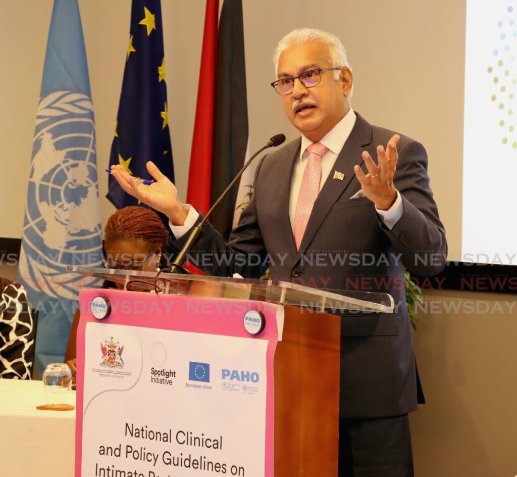 PROTECT WOMEN: Health Minister Terrence Deyalsingh speaks on Wednesday at the launch of Policy Guidelines on Intimate Partner Violence and Sexual Violence at the Brix in St Ann's. PHOTO BY ROGER JACOB - 