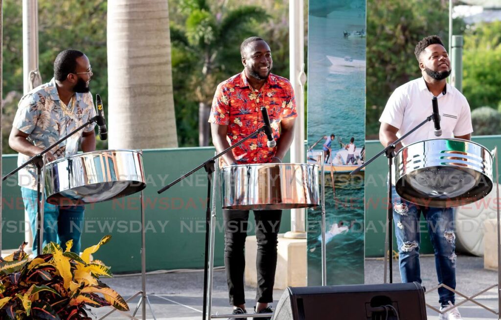 Ace pannists (from left) Keshaun Julien, Kersh Ramsey and Ojay Richards perform at the launch of Tobago Jazz. - Photo by David Reid