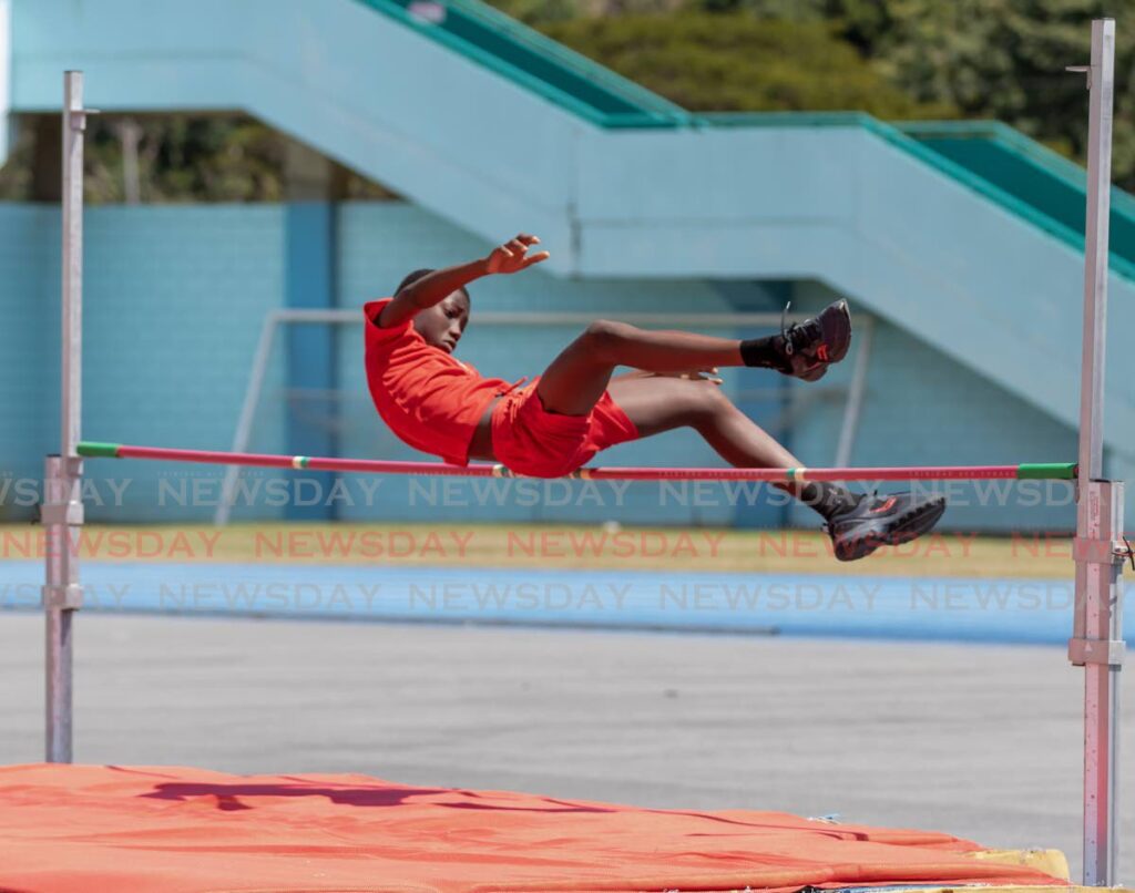 Jafari Edwards, 13, of Scarborough RC Primary School, won the boys under-13 high jump at the Primary Schools Track and Field Championships on Tuesday at the Dwight Yorke Stadium, Bacolet.  - Photo by David Reid