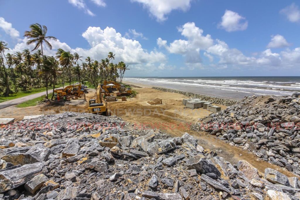 In this file photo, piles of limestone rocks were used to prevent coastal erosion along the Manzanilla to Mayaro coastline in 2019 as ocean levels rise.  - ANGELO MARCELLE