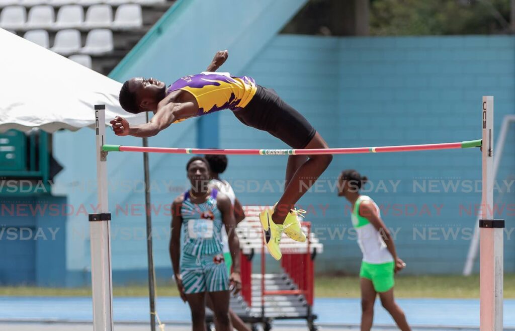 Kimani Kent, 17, of Kaizen Panthers won the open high jump, at Carifta trials, Dwight Yorke Stadium, Bacolet, Sunday. Photo by David Reid