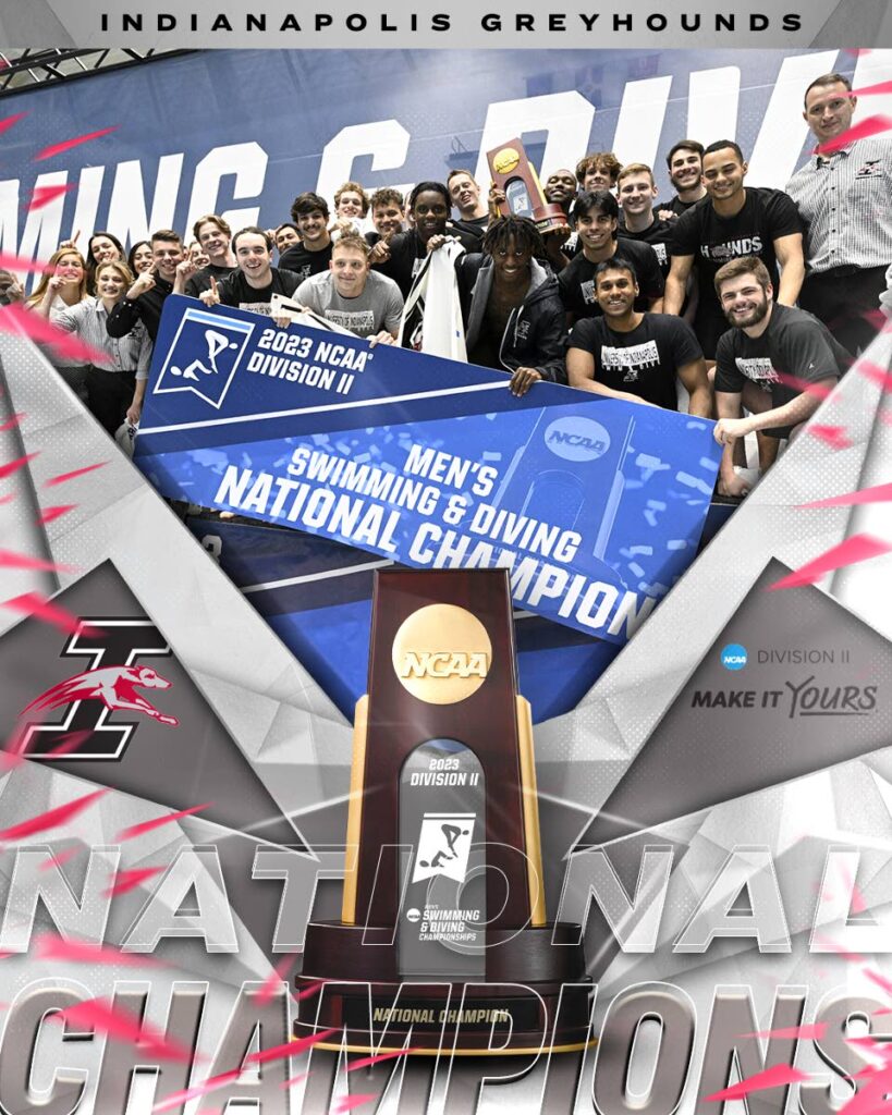 TT’s Kael Yorke, Jeron Thomspon and Aqeel Joseph and other University of Indianapolis swimmers celebrate their first NCAA Division II Men’s Swim and Dive title in 13 years.  - Courtesy NCAA Division II