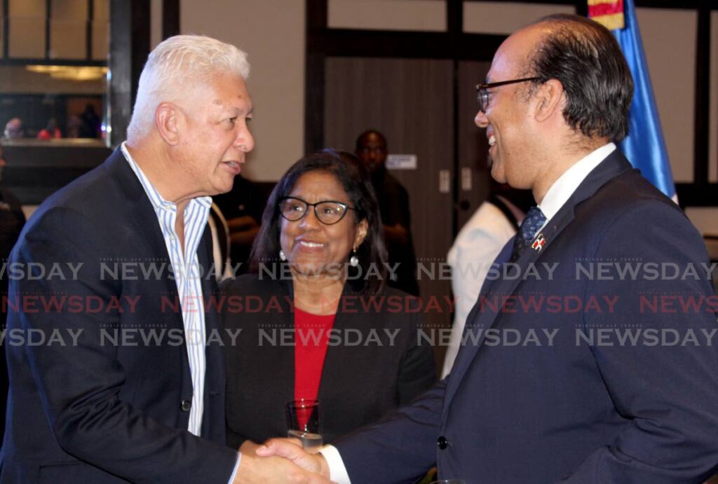 Paula Gopee-Scoon, acting Minister of Foreign and CARICOM Affairs and TT Minister of Trade and Industry and the Mayor of Port of Spain Joel Martinez congratulated the Ambassador of the Dominican Republic Wellington Bencosme on the anniversary of the Independence of his country. - Grevic Alvarado