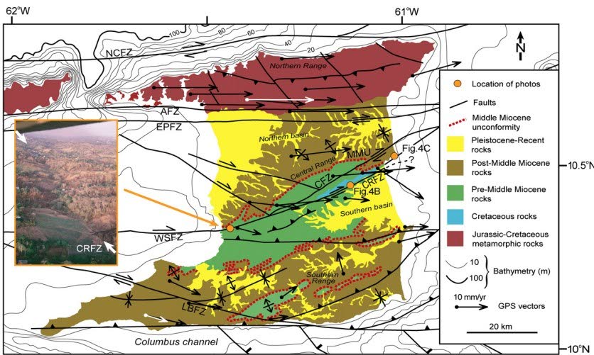 Geological map of onshore Trinidad (linked from Escalona et al). The El Pilar Fault Zone (EPFZ) and the Central Range Fault Zone (CFZ) cut across the island. - 