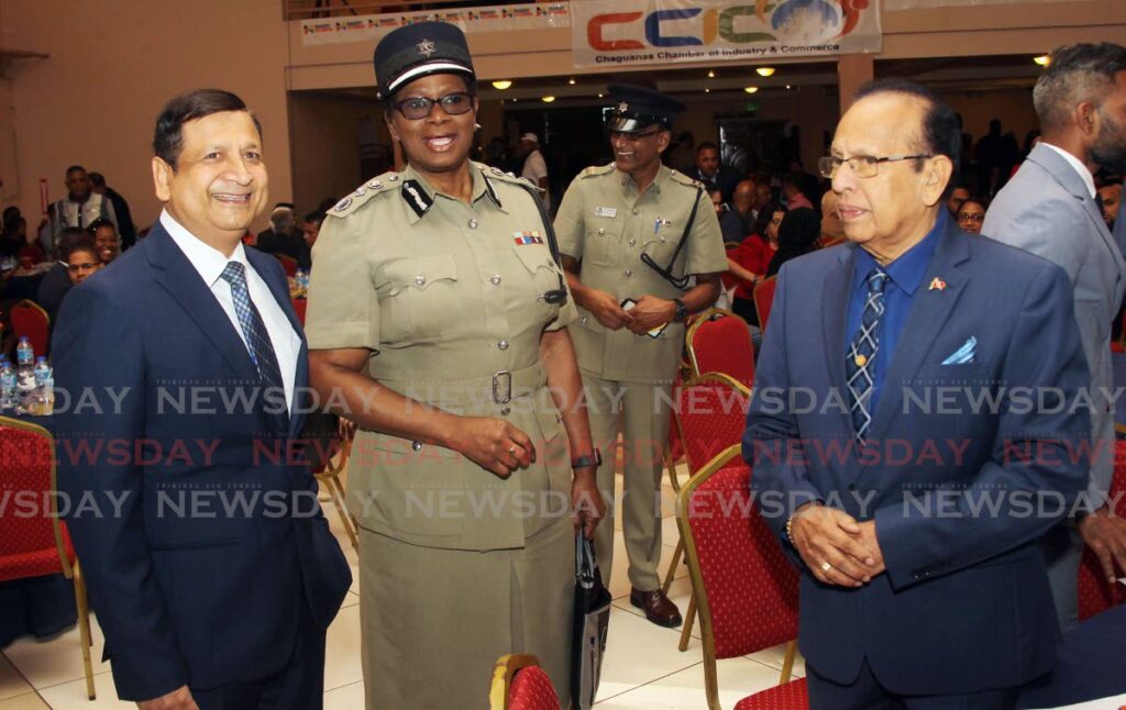 Prof Ramesh Deosaran, right, with Commissioner of Police Erla Harewood-Christopher and Baldath Maharaj president of the Chaguanas Chamber of Commerce at Signature hall, Chaguanas on March 15. - Lincoln Holder