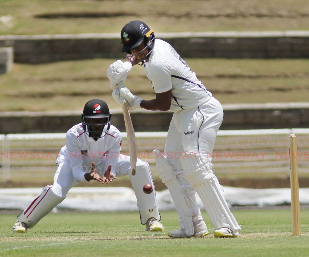 Guyana Harpy Eagles batsman Leon Johnson bats against TT Red Force in the West Indies Four-Day Championships at the Brian Lara Cricket Academy, Tarouba.  - Lincoln Holder