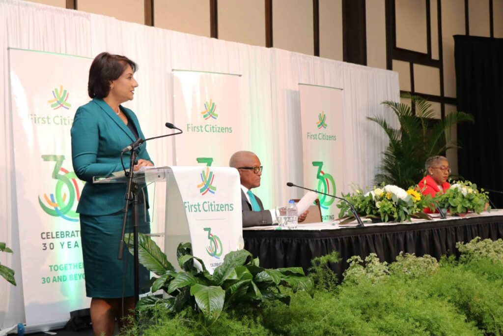 First Citizens Group CEO Karen Darbasie addresses shareholders at its annual meeting, Hilton Trinidad, Port of Spain on Wednesday. - Photos courtesy First Citizens