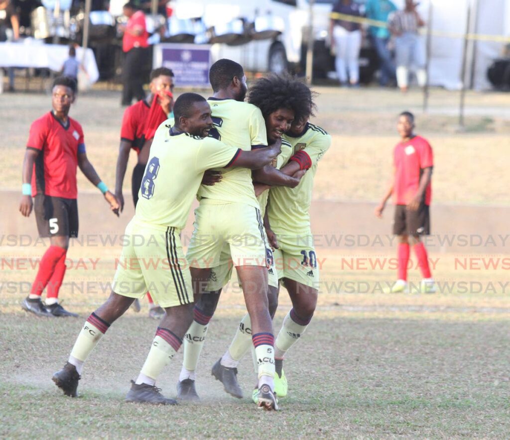 Cunupia FC players celebrate a goal against San Juan Jabloteh in the TT Premier Football League. - Angelo Marcelle