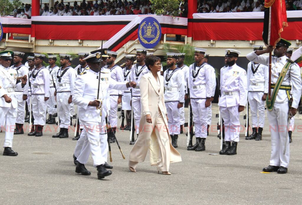 FILE PHOTO: President Christine Kangaloo inspects the troops of the TT Defence Force during her inauguration ceremony on Monday. - Photo by Ayanna Kinsale