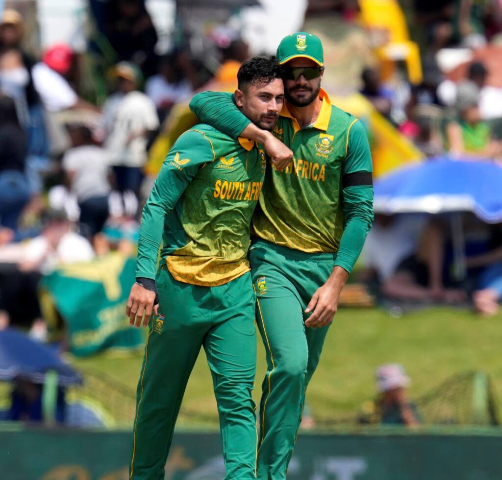 South Africa's bowler Bjorn Fortuin, left, celebrates with teammate Aiden Markram after dismissing West Indies's batsman Rovman Powell in the third ODI, at Senwes Park, Potchefstroom, South Africa, Tuesday.  - AP