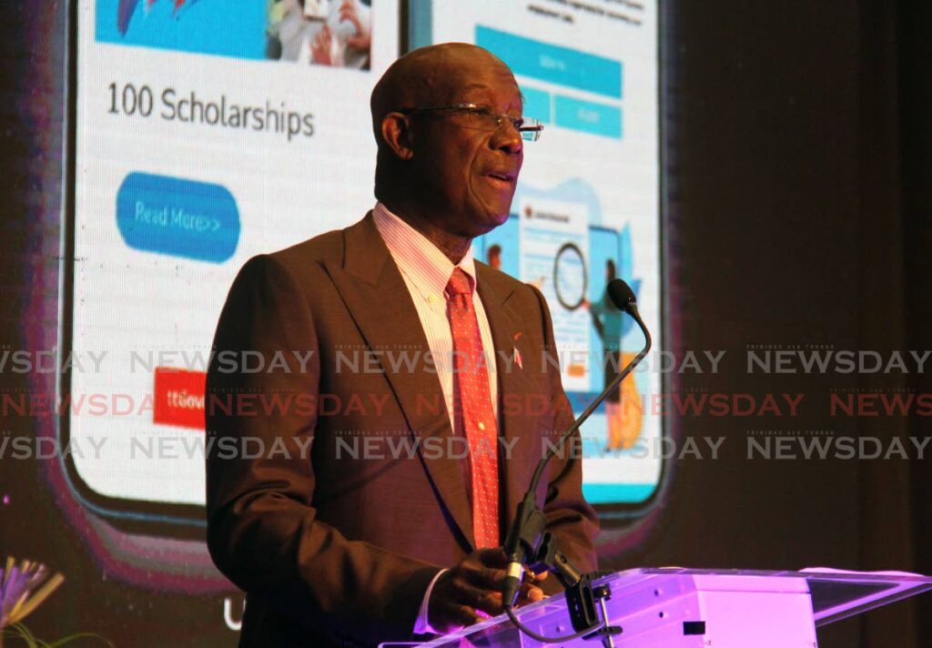 Prime Minister Dr Keith Rowley speaks during the launch of the Ministry of Education's digital transformation programme: MOE ACCESS at the Hyatt Regency, Whrightson Road, Port of Spain.  - Photo by Ayanna Kinsale