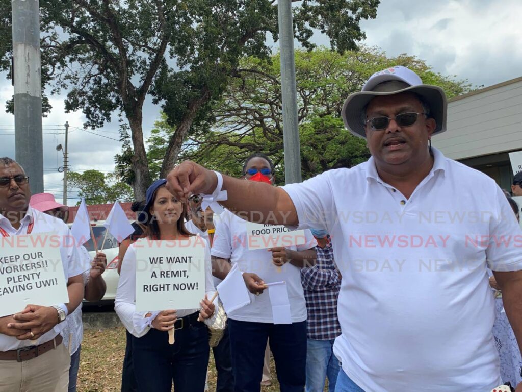 WIGUT vice president Dr Russel Ramsewak speaks at a protest at UWI, St Augustine campus.  - Photo by Narissa Fraser