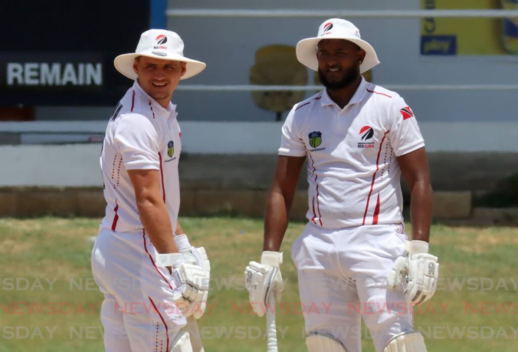 TT Red Force batsme Joshua Da Silva (L) and Jyd Goolie during Day 3 of the CWI Four Day Championship match, on Friday, against the Barbados Pride, at the Queen’s Park Oval, St Clair.  - ROGER JACOB