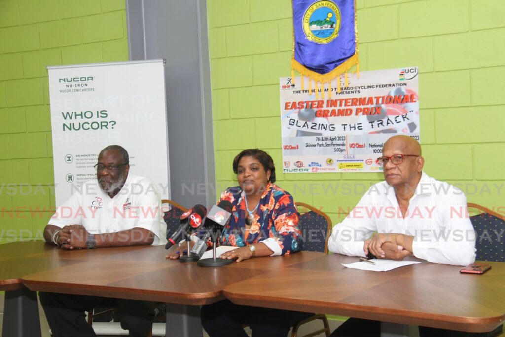 (L-R) TT Cycling Federation’s (TTCF) chairman of the disciplinary committee Joseph Baptiste, TTCF president Rowena Williams and San Fernando Mayor Junia Regrello attend the launch of the Easter International Grand Prix at Skinner Park, in San Fernando on Monday. - Marvin Hamilton