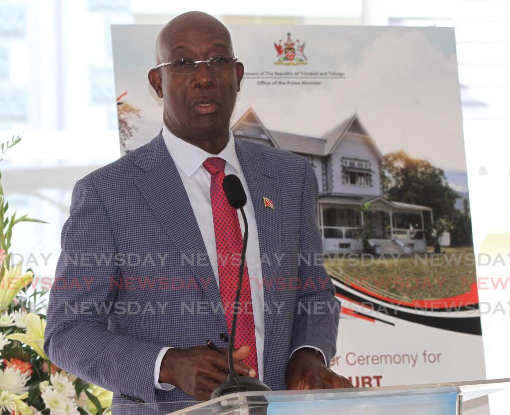 Prime Minister Dr. Keith Rowley speaks during the handing over ceremony of Hayes Court, Port of Spain on Tuesday. - Photo by Angelo Marcelle
