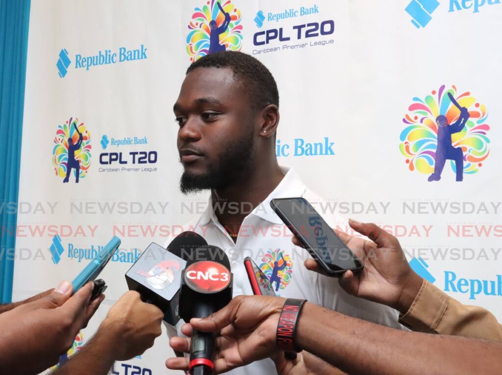 West Indies pacer Jayden Seales speaks to the media on Wednesday during a press conference to announce Republic Bank as the CPL title sponsor, at the Queen's Park Oval, Port of Spain. - Photo by Roger Jacob