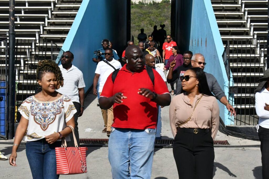 Education Minister Dr Nyan Gasby-Dolly and Sport Minister Shamfa Cudjoe tour Jamaica's national stadium. - Shamfa Cudjoe's Facebook page