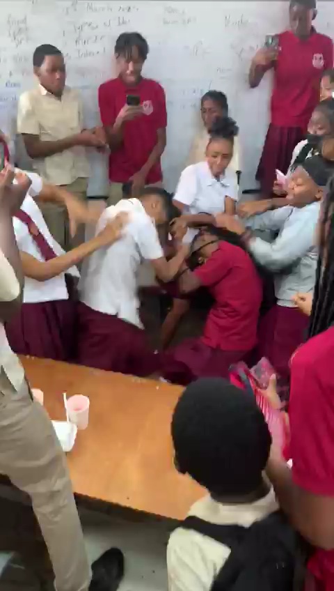 A screenshot from a video circulating on social media showing South East Port of Spain Government Secondary School students fighting. 