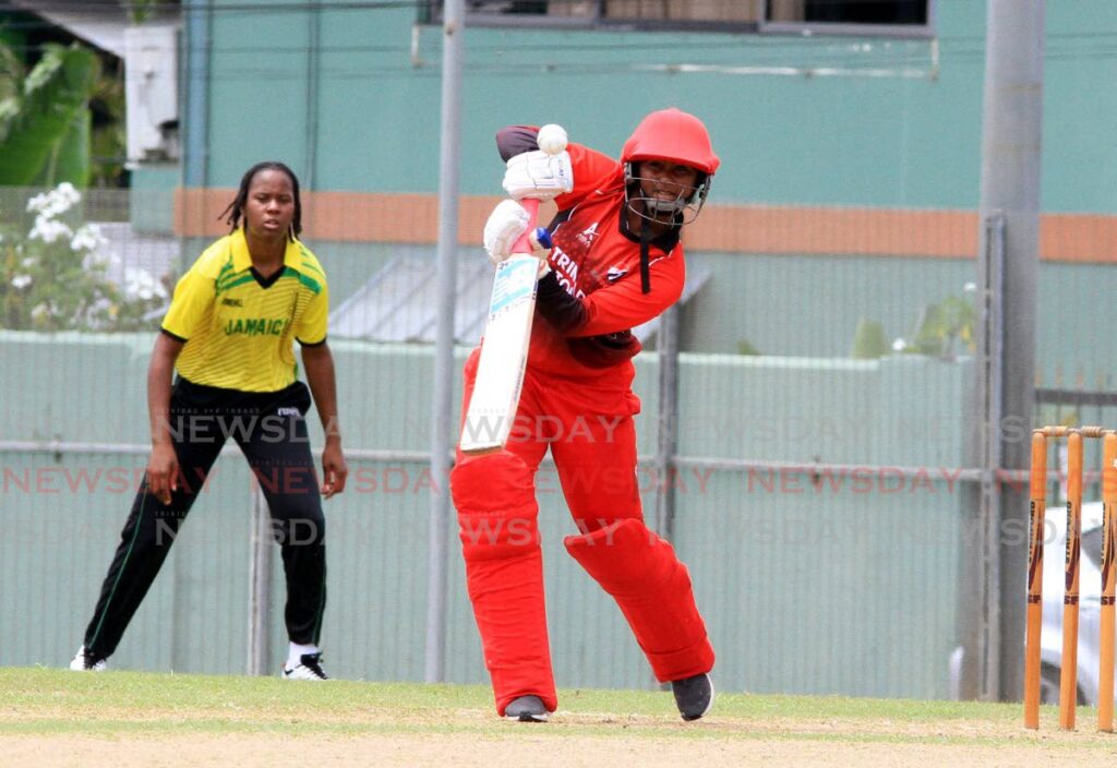 Trinidad and Tobago women's cricketer Shalini Samaroo plays a shot against Jamaica, in the 2022 CWI Rising Stars Women's U-19 T20 Championships, at the Diego Martin Regional Sporting Complex. FILE PHOTO - 