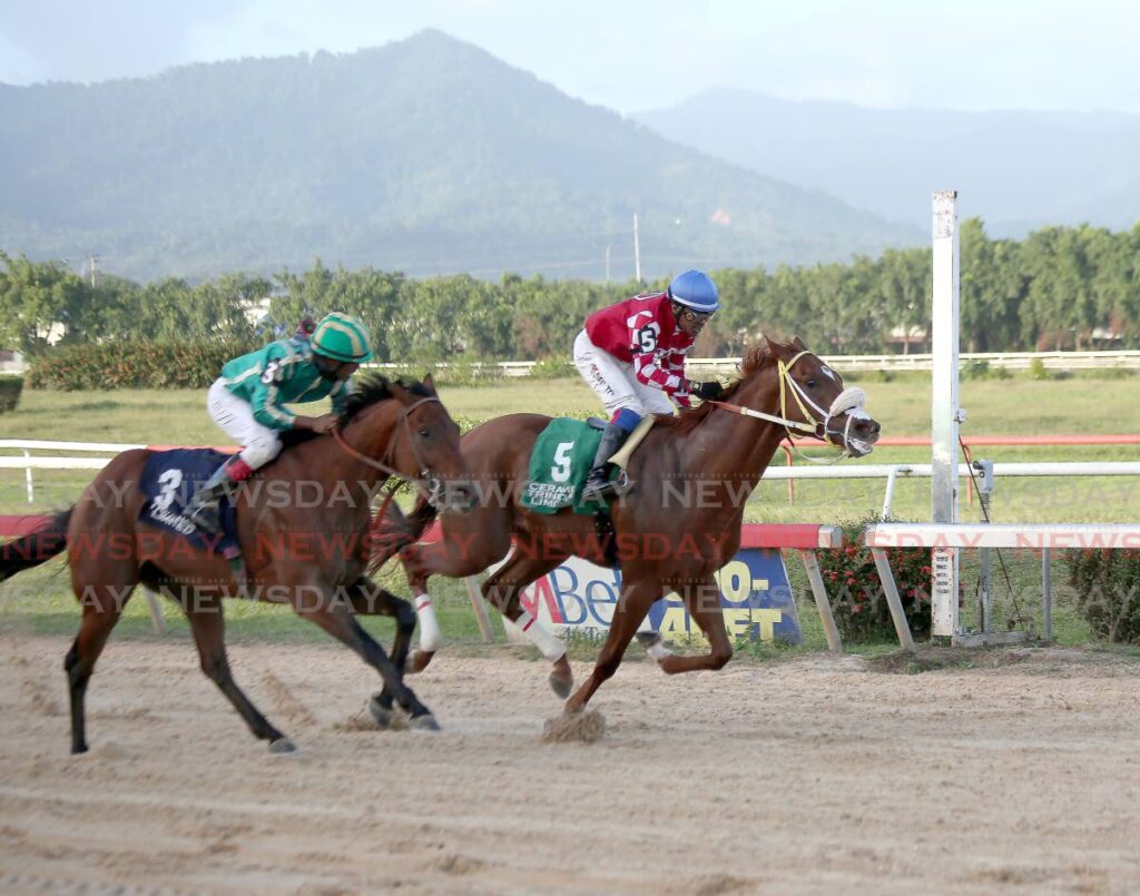 Crown Prince (right), ridden by Kimal Santo, wins the Edmund De Freitas Gold Cup, ahead of Just Exhale, ridden by Jovika Boodramsingh, at the Santa Rosa Park, Arima on December 27, 2022. FILE PHOTO - 