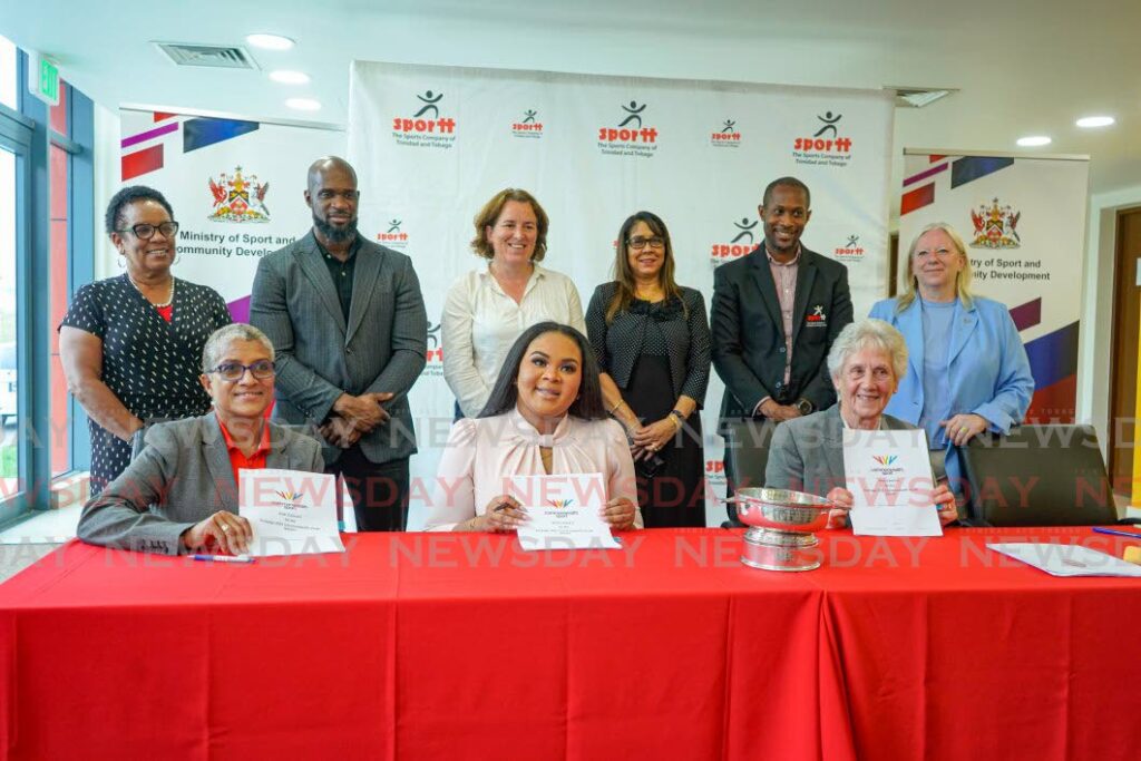 This photo, posted on the Commonwealth Games Federation's website shows seated from left, TT Commonwealth Games Association president Diane Henderson, Sport Minister Shamfa Cudjoe and federatioin president Dame Louise Martin during the federation's visit to TT in 2022 for the signing off of documents for this country to host the 7th Commonwealth Youth Games.  - 