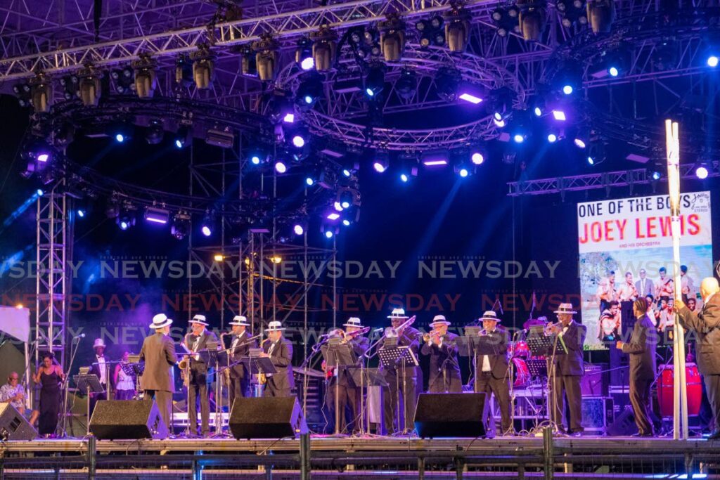 Members of Joey Lewis Orchestra on stage at Brass Bacchanal, Queen's Park Savannah, Port of Spain on Carnival Monday night.  - JORDON BRIGGS