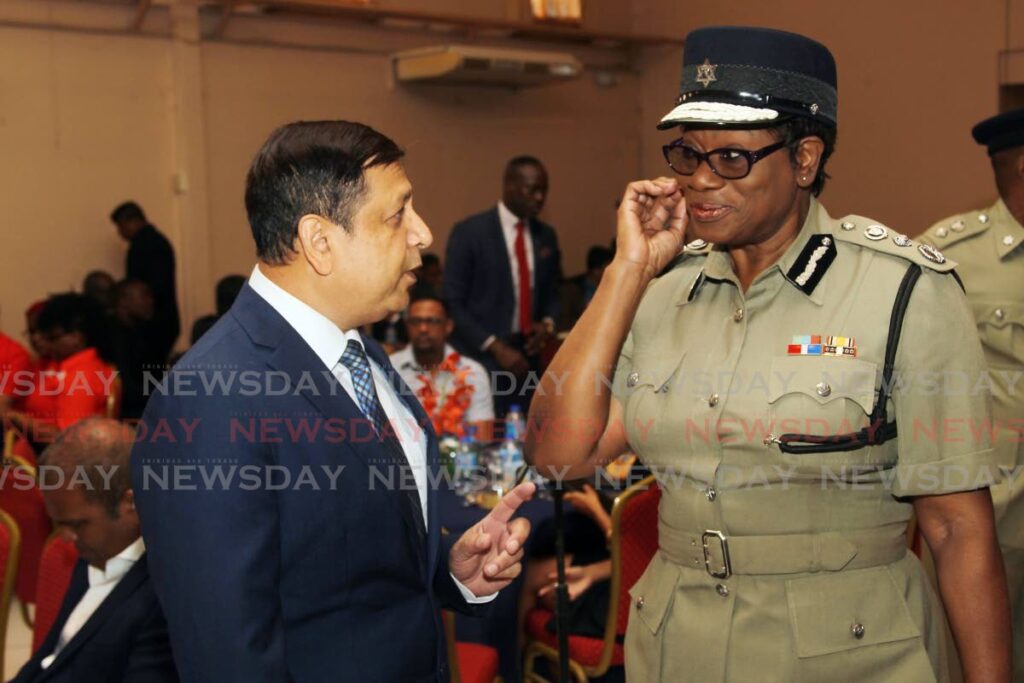 FILE PHOTO: Commissioner of Police Erla Harewood Christopher chats with Baldath Maharaj president of the Chaguanas Chamber of Commerce during a  breakfast meeting at Signature Hall, Chaguanas on March 15. - Photo by Lincoln Holder