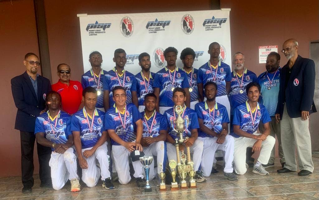 North Zone Under-19 team with coaches, TT Cricket Board (TTCB) officals and sponsors after winning the Pt Lisas Steel Products Company Ltd Under-19 Inter-zone title. - TTCB