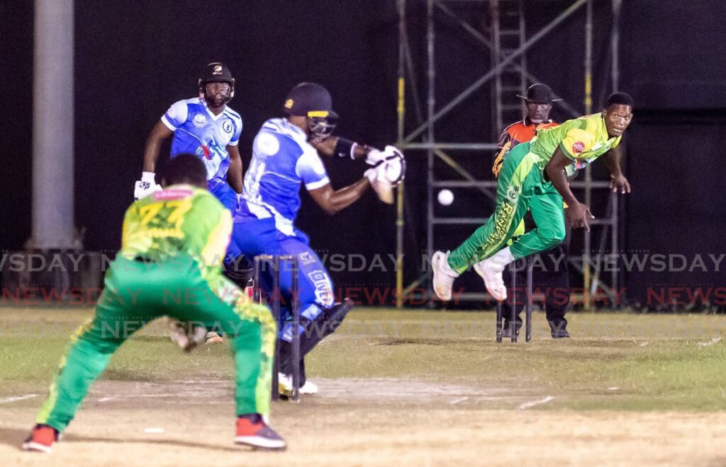 Rayan Williams of Rain Forest Rangers bowls towards Jahron Alfred of Buccoo Reef Divers in the Chief Secretary Bago T10 Blast, Cyd Gray Complex, Roxborough, Tobago, Monday. - David Reid