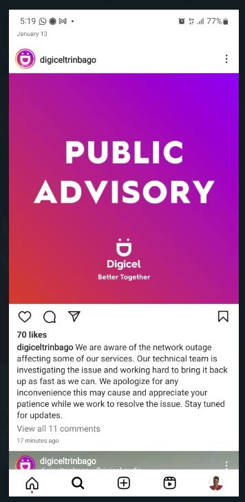 The advisory from Digicel posted to social media on Good Friday after disruptions were experienced on the network.  - 