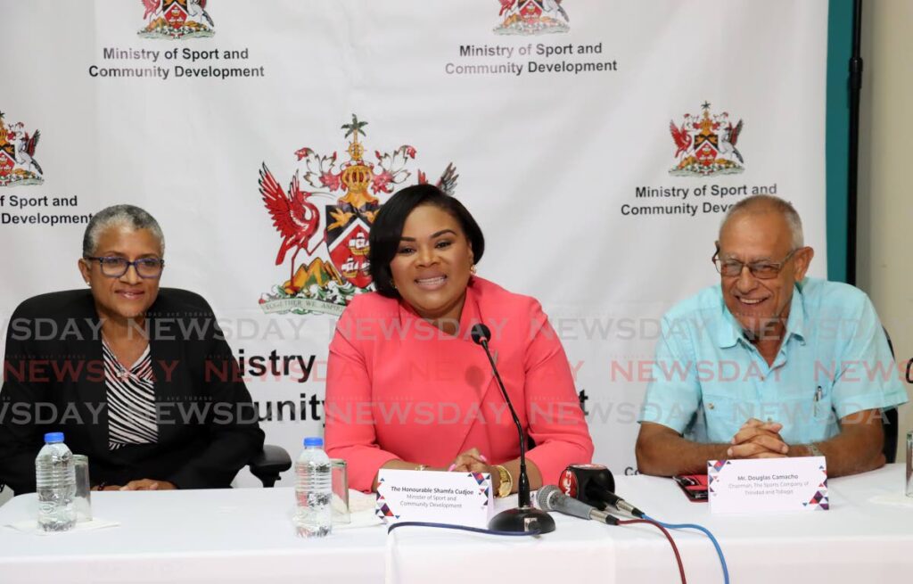 Minister of Sport and Community Development Shamfa Cudjoe (C), TT Olympic Committee president Diane Henderson (L) and Sport Company of TT chairman Douglas Camacho attend a media conference, at Nicholas Tower, Port of Spain, on Monday, ahead of the 2023 Commonwealth Youth Games. The games will be hosted by TT between August 4-11. - ROGER JACOB