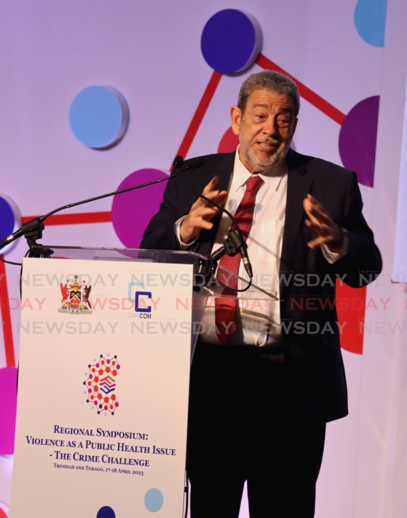 Dr Ralph Gonsalves, Prime Minister of St Vincent and the Grenadines and Lead Head with responsibility for Transport speaks at the Regional Symposium on Violence as a Public Health Issue held at the Hyatt Regency POS on  Tuesday April 18, 2023. - Photo by Roger Jacob