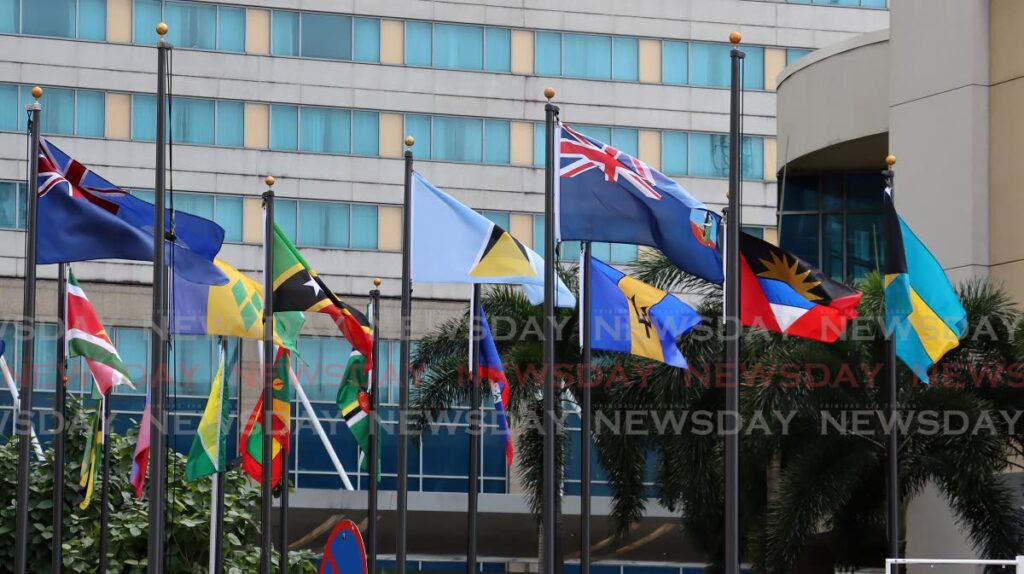 The national flags of Caricom countries attending the symposium on crime as a public health issue at the Hyatt Regency. - Photo by Roger Jacob