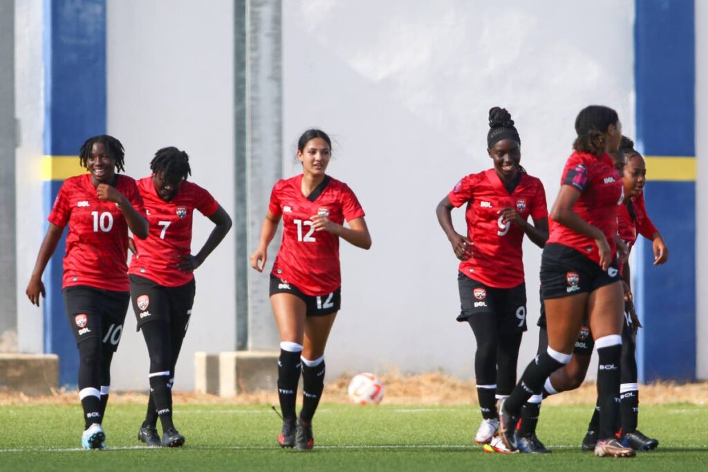 Players of the TT Women's Under-20 team celebrate a goal against Guadeloupe, on Monday, in the Concacaf Under-20 Women's Qualifiers. - TTFA Media