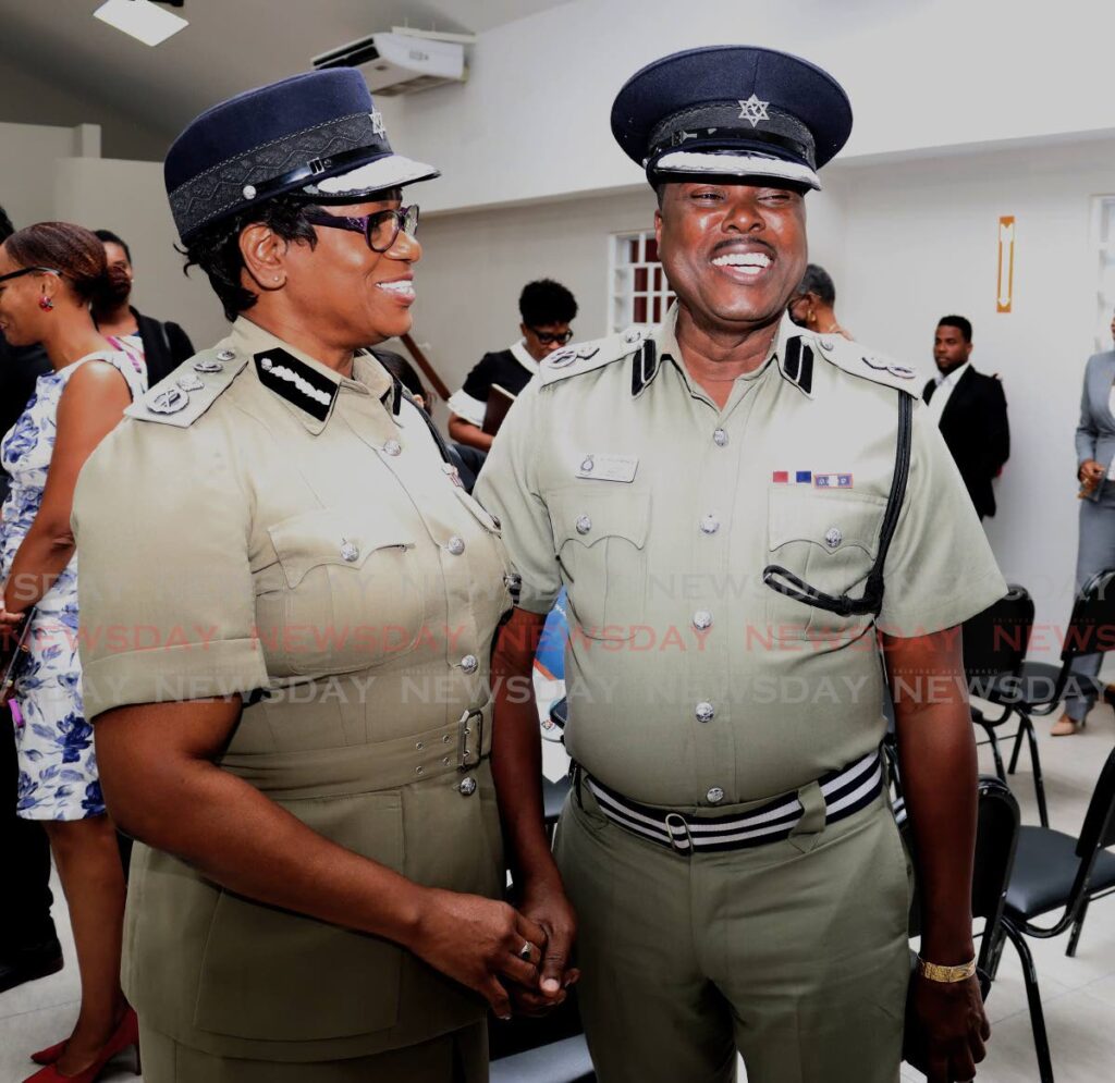 Police Commssioner Erla Christopher-Harewood and ACP Collis Hazel, the new head of the Tobago and Eastern divisions, at the launch of a community-policing project, Belmont Community Centre, Belmont on April 19. - Photo by Roger Jacob