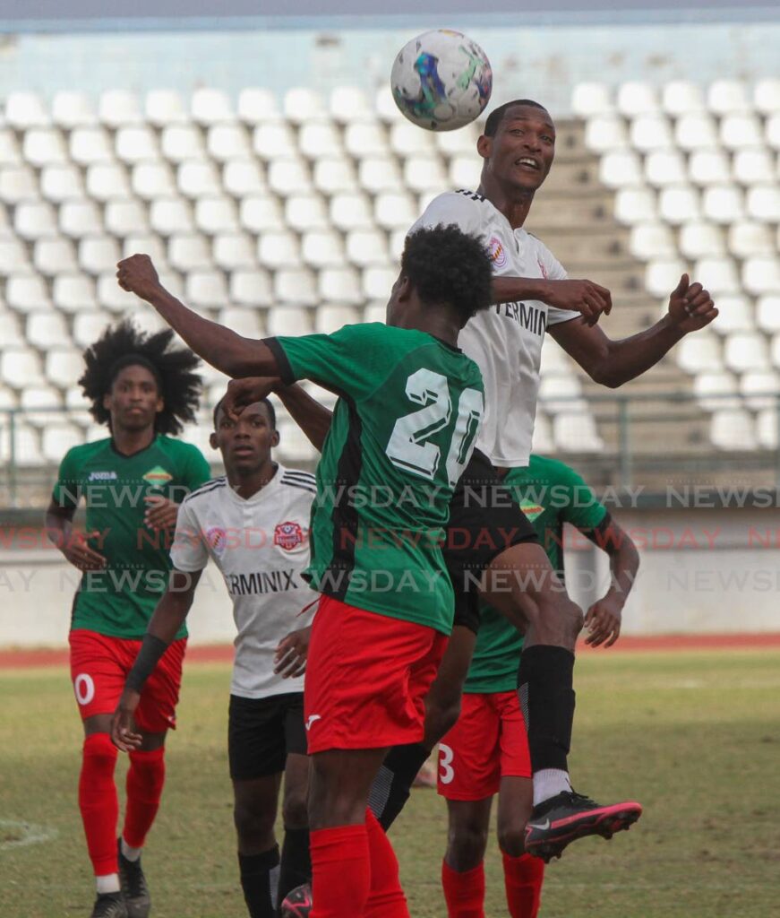 Ataulla Guerra of Terminix La Horquetta Rangers leaps highest for a header against San Juan Jabloteh, during their TT Premier League match at the Larry Gomes Stadium, Malabar, recently. - 