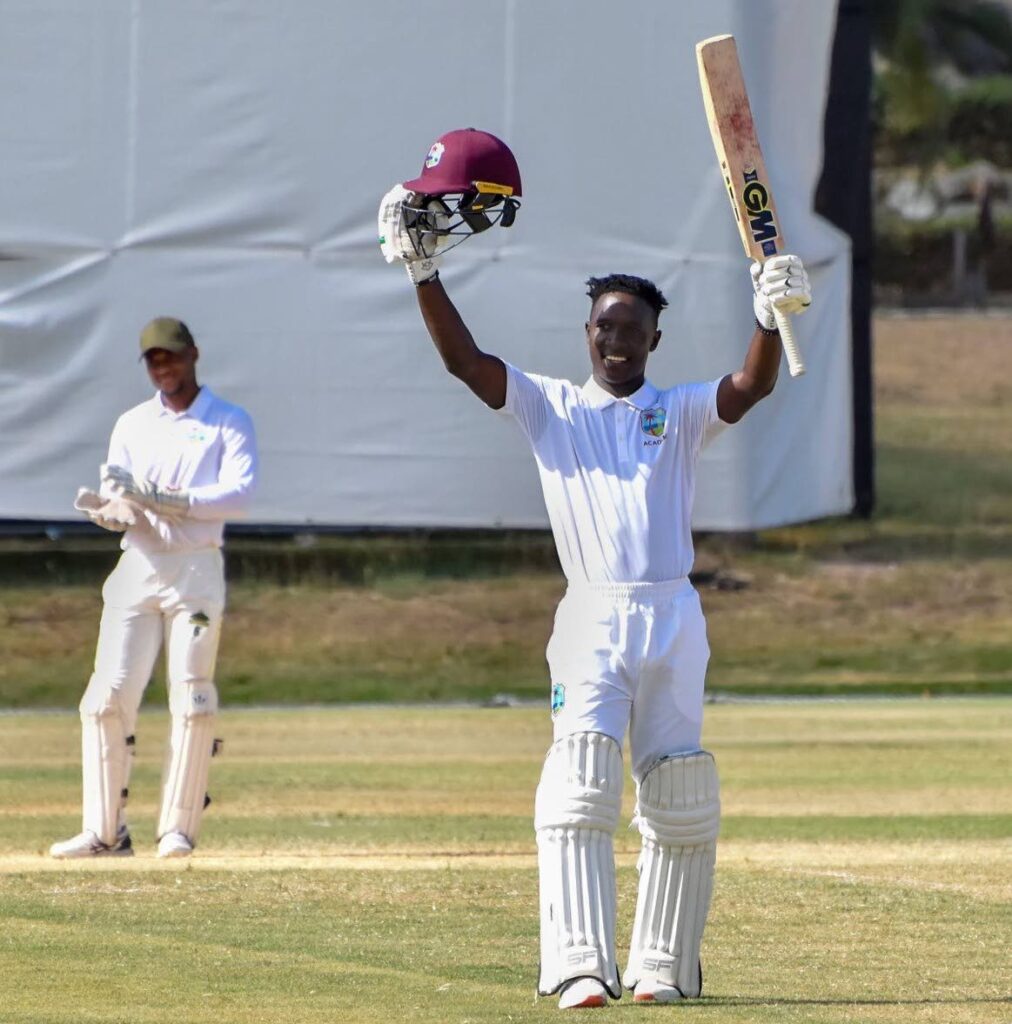 West Indies Academy batsman Kevlon Anderson celebrates his century in the tri-series vs Team Headley.  - CWI 