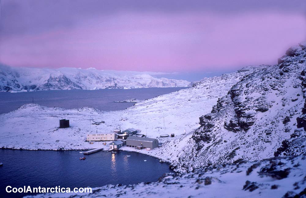 Signy Island Antarctica base at dusk. Photo courtesy www.coolantarctica.com - 