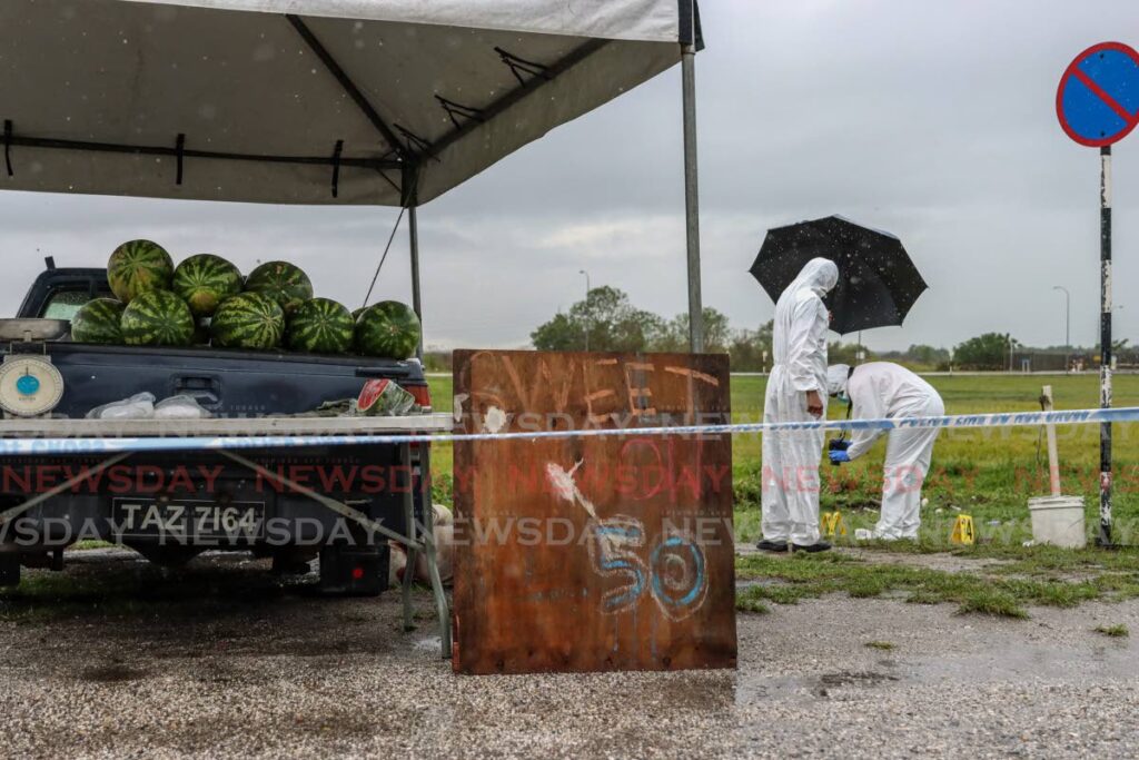 Crime scene investigators collect evidence at the site of the murder of Train Line resident and watermelon vendor Dillon Joseph at the Caroni Savannah Road on Wednesday. - Photo by Jeff Mayers