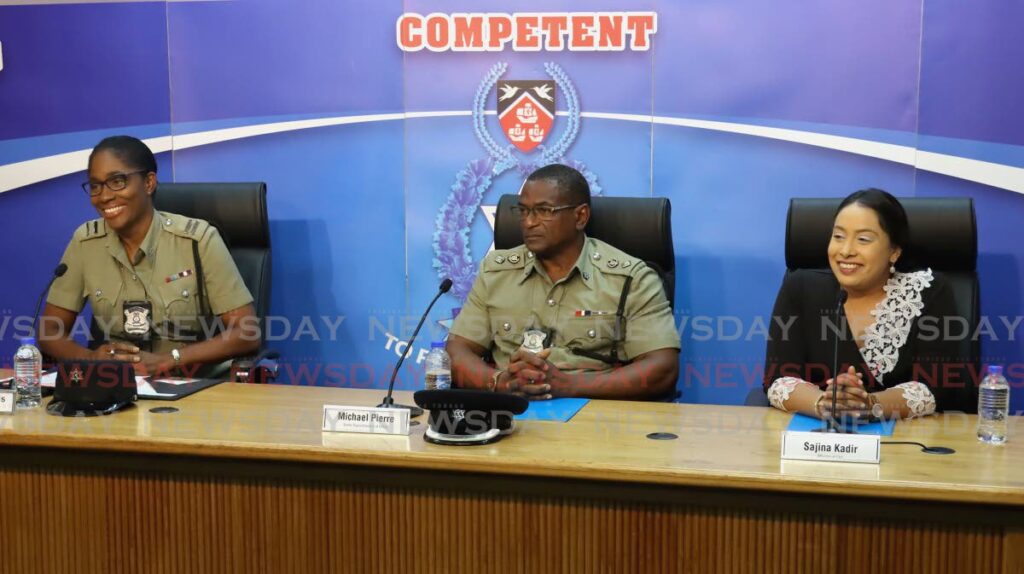 From left, police public affairs officer Insp Michelle Lewis, Snr Supt Michael Pierre and attorney Sajina Kadir respond to questions at a media briefing at the Police Administration Building, Port of Spain  - ROGER JACOB