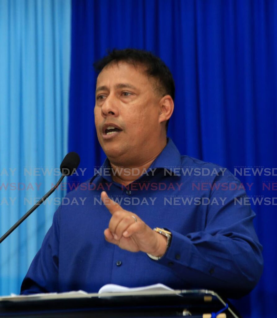 Gary Griffith political leader of the National Transformation Alliance speaking at the party's public meeting at the Deigo Martin Central Community Centre in Diamondvale. - SUREASH CHOLAI